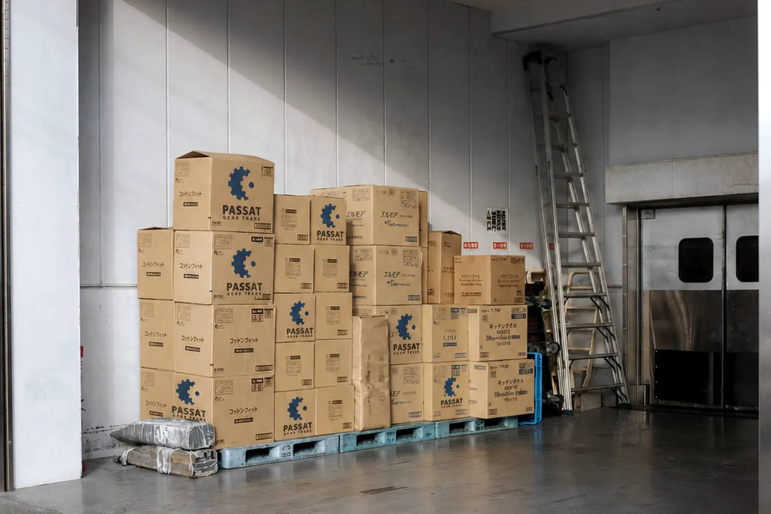Passat Gear Trade branded spare parts boxes in warehouse storage