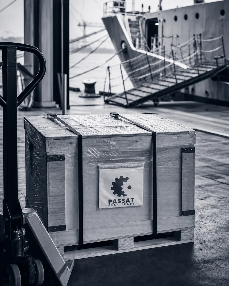 Passat Gear Trade marine spare parts crate ready for vessel delivery coordination